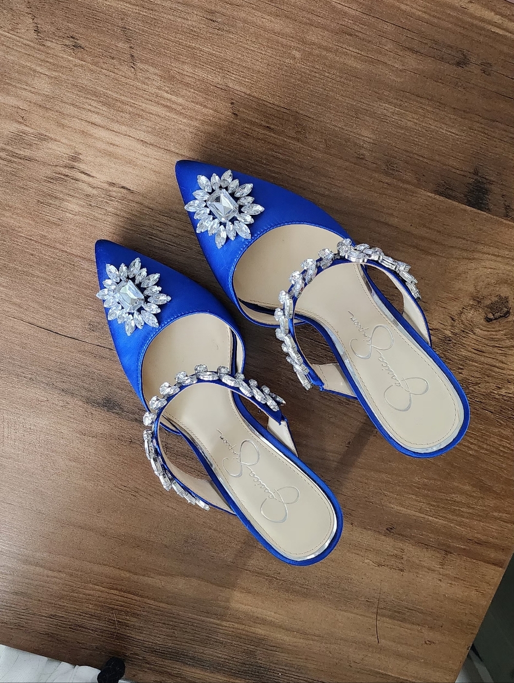 Jessica Simpson Sapphire Blue Crystal-Embellished Satin Mules - Picture 7 of 7